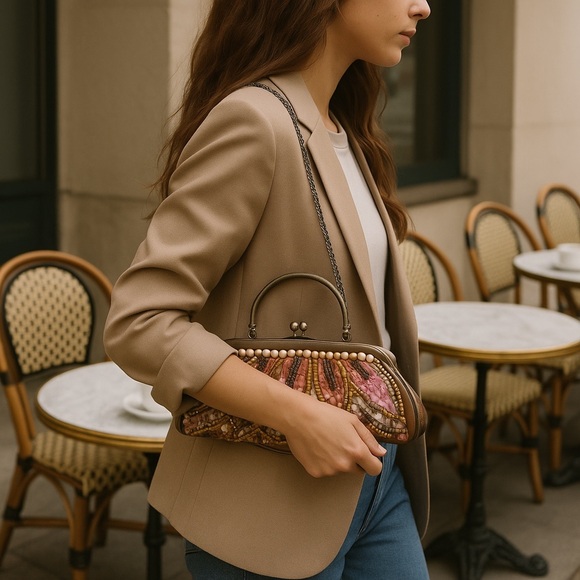 hand-beaded but unknown Handbags - Vintage Clutch Beaded Real Stones Crystals Bag Crossbody Bronze Chain Taffeta
